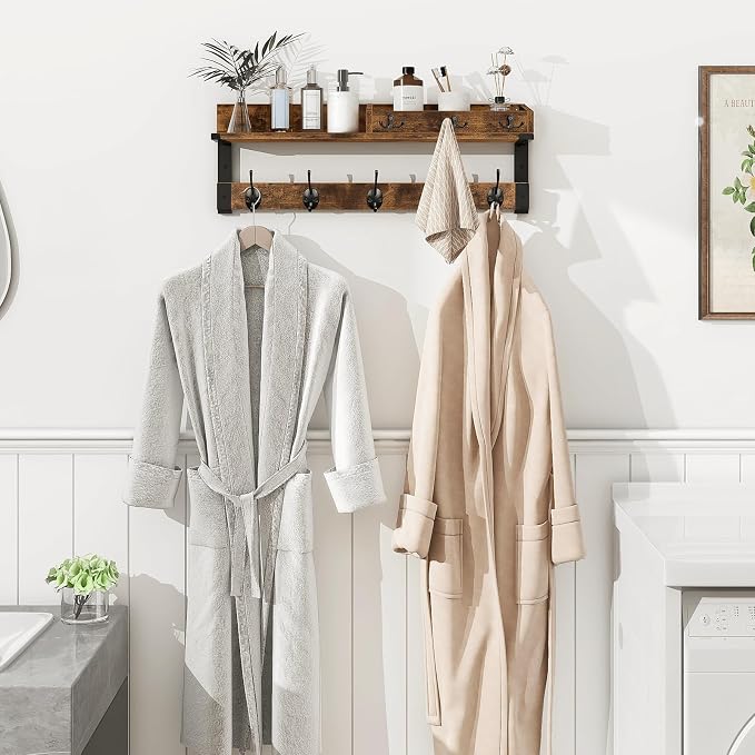 Homode Coat Rack with Shelf, Wall Shelf with Hooks, Rustic Brown Black | 26 Inch Long Coat Hanger Wall Mount with Key and Mail Holder, Wood Entryway Shelves for Hanging Hat Jacket Backpack Purse - Image 6