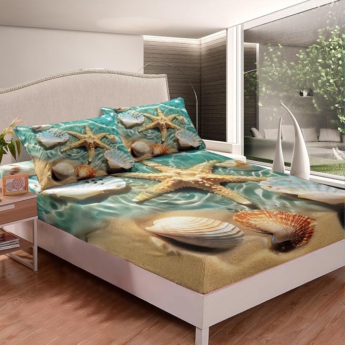 Ocean Bedding Set Beach Themed Sheet Set Teal Blue Ocean Sea Life Pattern Coastal Bed Sheet Sets Queen for Boys Girls 1 Starfish Flat Sheet - 1 Shell Fitted Sheet - 2 Pillowcases (Beach, Queen) - Image 2