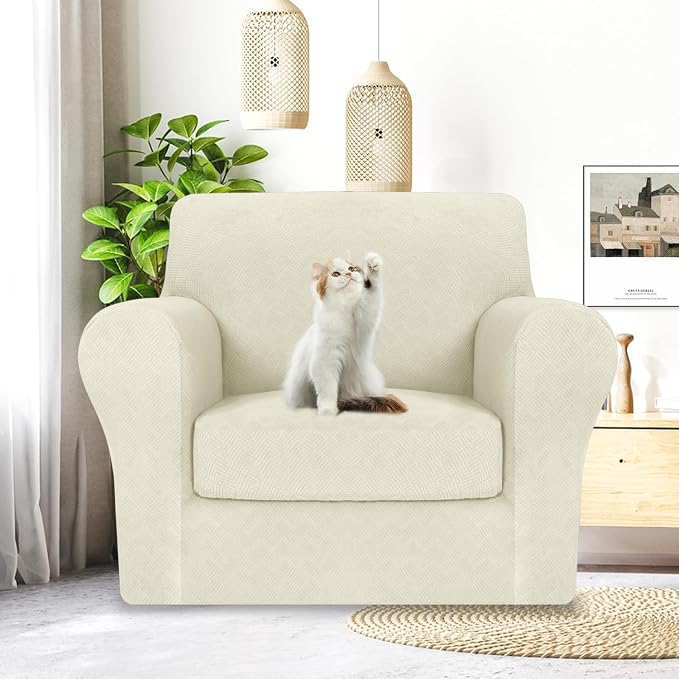 MAXIJIN 2 Piece Chair Covers Chair Slipcover with Arms, Sofa Chair Cover for Living Room Armchair Cover, Stretch Pet Dog Slip Cover for A Chair with 1 Cushion (31"-46", Beige) - Image 3