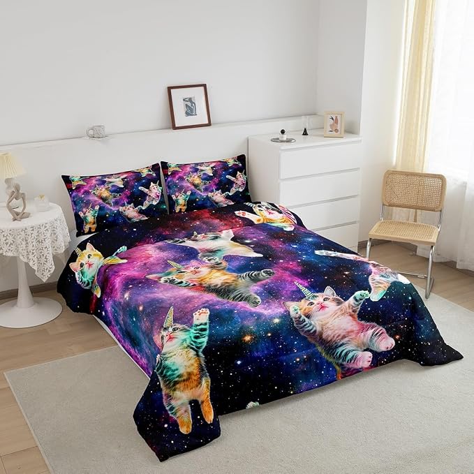 Feelyou Galaxy Unicorn Comforter Set Kids Cute Unicorn Cats Bedding Set for Boys Girls Fairy Cartoon Animal Comforter Stars Rainbow Cats Decor Quilt Set Room Decor 3Pcs Queen Size - Image 2