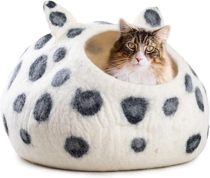Wool Cat Cave Bed - Extra Warm, Handcrafted, Eco-Friendly Felt Cat Cave for Indoor Cats and Kittens (White Polka) by Woolygon - Image 4
