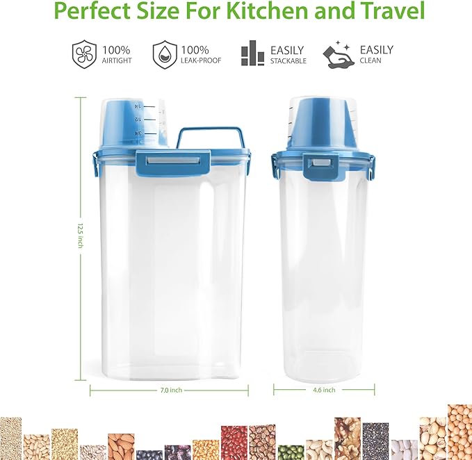 Viretec Rice Airtight Storage Container, 3 to 5Lbs Cereal Dry Food Flour Bin, Pet Dog Cat Food Dispenser with Measuring Cup, BPA Free Clear Plastic Kitchen and Pantry Organization Bin for Sugar, Pasta - Image 2