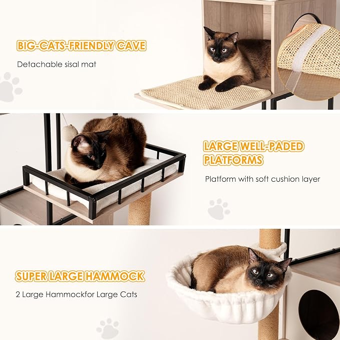 Cat Tree with Litter Box Enclosure, 63" Multi-Functional Cat Tree with Litter Box - Includes Removable Washable Cushion, Scratching Posts & Toy Hanger, Modern Design, Rustic Gray - Image 7