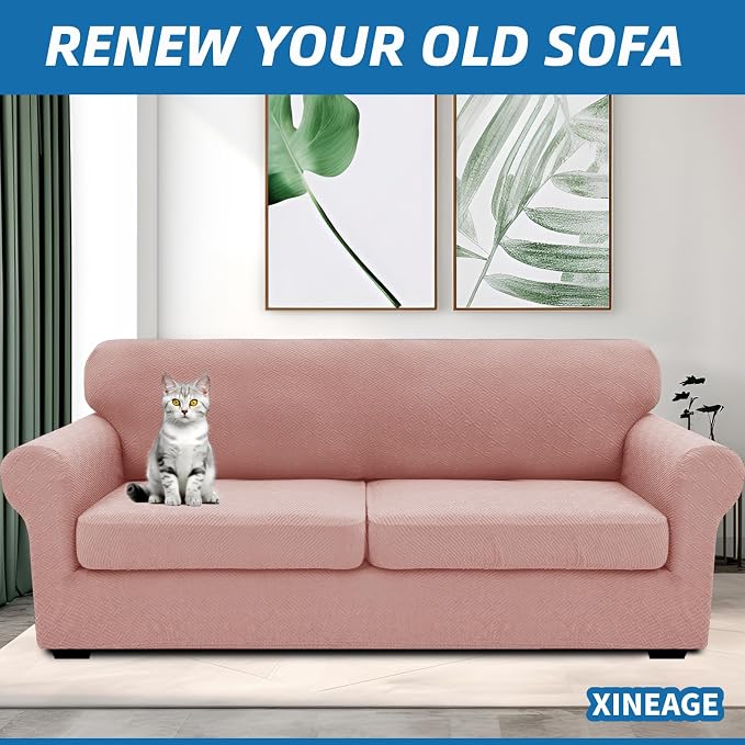 XINEAGE New 3 Pieces Couch Covers for 2 Extra Large Cushion Sofa Super Stretch Sofa Cover for 2 Large Seat Universal Loveseat Slip Cover for Living Room (Dusty Pink), 71"-91"(2 Cushions) - Image 4