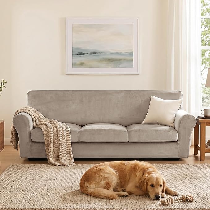 XINEAGE 4-Piece Velvet Oversize Sofa Cover, Couch Covers for Dog,Khaki | 3 Cushion Large Sofa,Stretch Non-slip Elastic, Pet-friendly, Washable, Fast Setup, Soft Plush Fabric, Furniture Protector. - Image 4