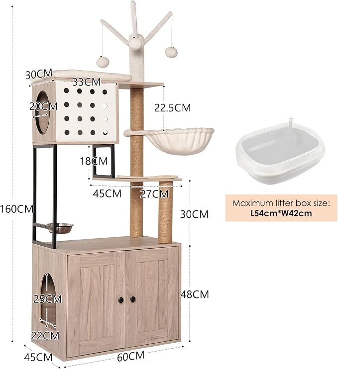 Cat Tree with Litter Box Enclosure - Modern Cat Condo with Scratching Posts, Feeding Bowl & Removable Pompom Sticks, Gray - Image 3