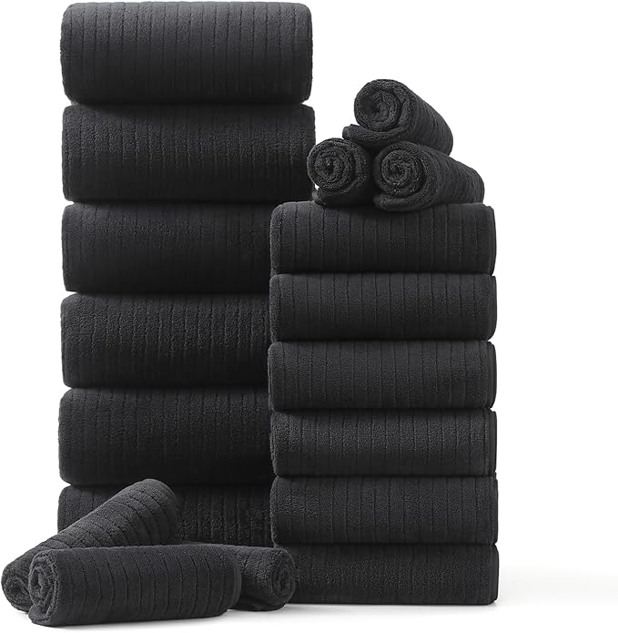 18 Piece Family Bath Towel Set Include 6 Bath Towels,6 Hand Towels and 6 Washcloths Soft Bathroom Towel with Hanging Loops,Highly Absorbent Quick Dry Towels Set for Bathroom,Hotel and Spa-Black by Hailea