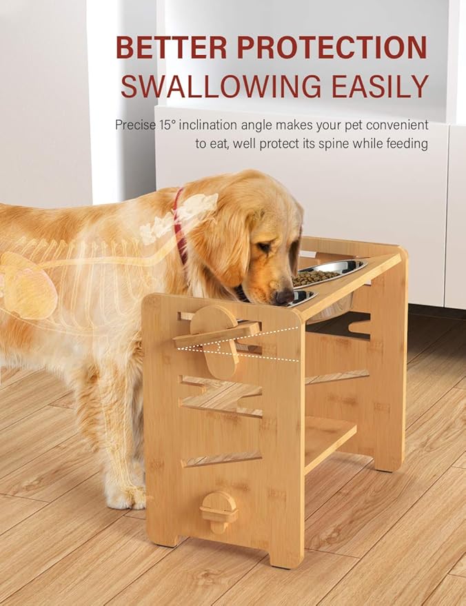 Vantic Elevated Dog Bowls, Raised Dog Bowl Stand Adjustable Medium, Natural | Bamboo Elevated Feeder with 2 Stainless Steel Bowls, Adjustable Height Stand for Medium Dogs - Image 4