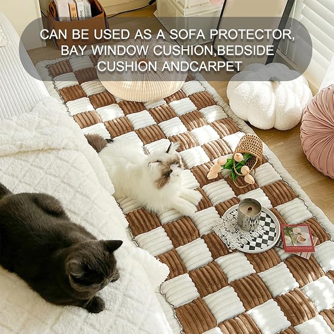 Fuzzy Chic Cotton Protective Couch Cover,Machine Washable & Non-Slip Pet Mat Bed Couch Cover,Garden Sofa Cover Cream-Coloured Plaid Pet Mat for Most Cats Dogs,Pets (dark coffee, 27.6*70.9inch) - Image 5