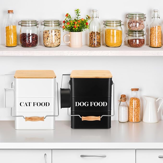 Tioncy 2 Pcs Metal Dog and Cat Food Storage Containers Big Pet Food Containers with Bamboo Lids and Spoon Airtight 5-7 Lbs Dog Cat Treat Snack Jars with DIY Labels for Kitchen Counter(White,Black) - Image 5