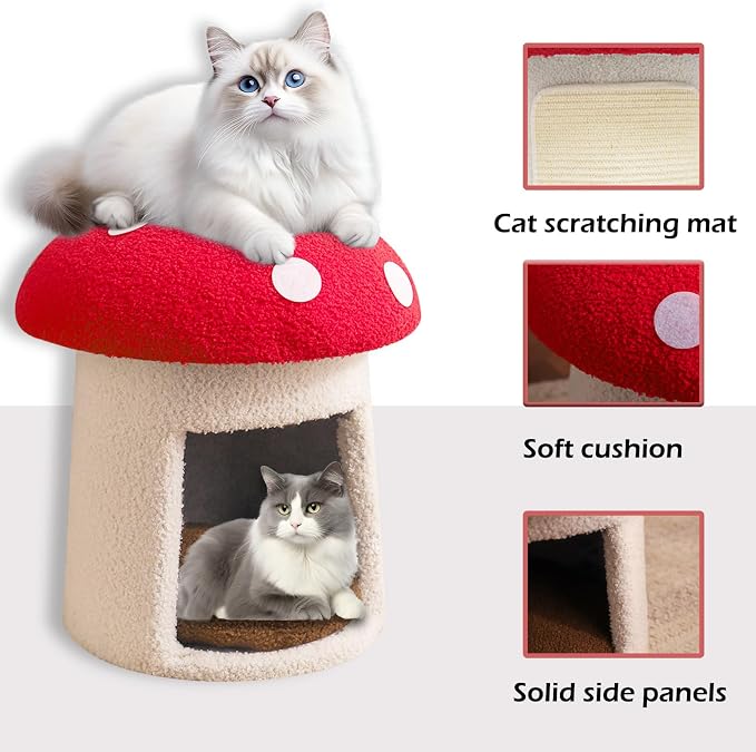 Mushroom Cow Cat Bed House for Indoor Cats & Small Dogs - Soft Cave-Style Pet Nest with Removable Washable Cushion, Plush Semi-Enclosed Cat Cave Tent, (red and White, Sturdy) - Image 3
