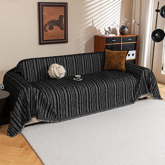 Black Couch Covers Sofa Cover for for Pets Kids, Sectional Sofa 3 Cushion Couch Furniture Protector, Non Slip Couch Cover Chenille Strip Couch Throw Blankets with Tassels, 71"x134" by BEDDING