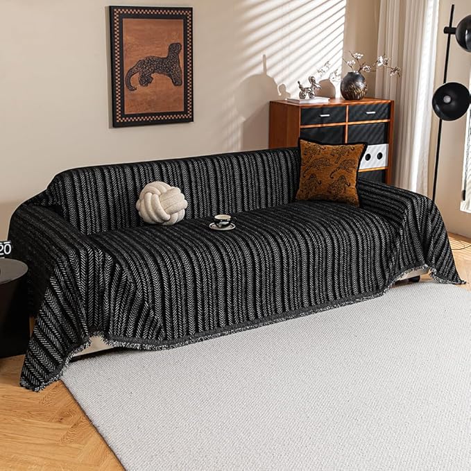 Sofa Covers for 3 Cushion Couch Seat, Loveseat Non Slip Couch Cover Chenille Strip Couch Throw Blankets with Tassels, Sectional Sofa Slipcovers Furniture Protector for Pets, Kids 71"x150", Black by BEDDING