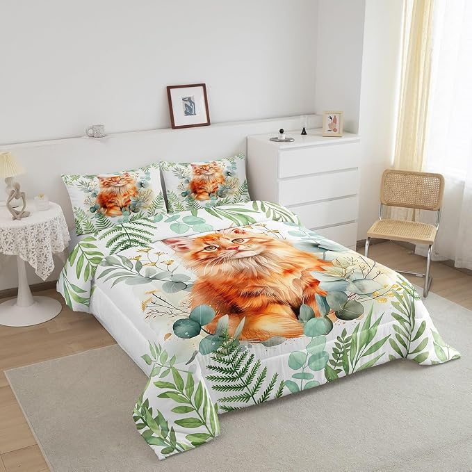 Manfei Watercolor Floral Flower Boys Girls Comforter Set Full Size,Kawaii Cat Duvet Set Teens Bedroom Decor,Cartoon Kitten Pet Theme Microfiber Soft Bedding - Image 2
