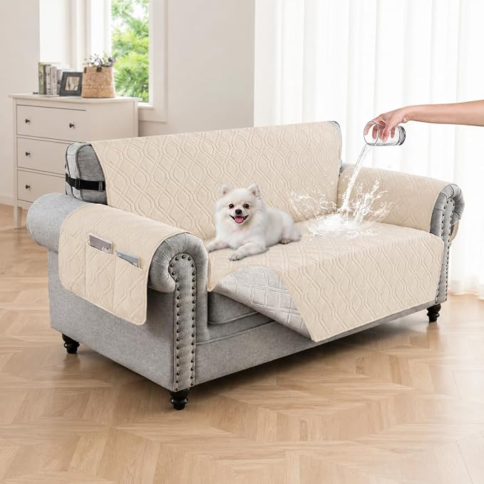 100% Waterproof Couch Cover, Straps&Pockets,pet Friendly,46" Beige | Washable sofa cover, pet-friendly, scratch-resistant furniture protector, quilted sofa cover, reversible, non-slip backing. by Unknown