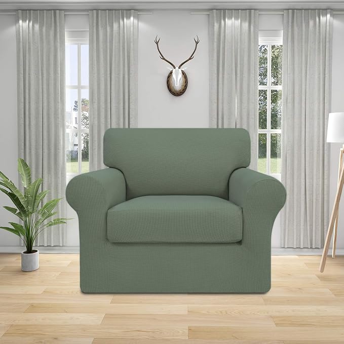 Easy-Going 2 Pieces Stretch Couch Cover Sofa Cover for Dogs Washable Sofa Slipcover for Separate Cushion Couch Spandex Jacquard Fabric Elastic Furniture Protector for Pets, Kid (Greyish Green, Chair) - Image 2