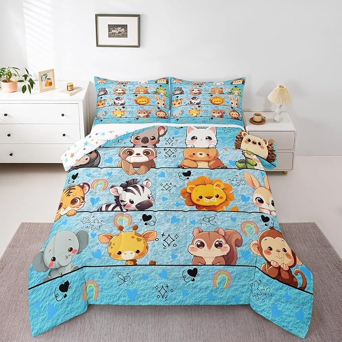 Manfei Cartoon Zoo Animals Kids Comforter Set,Cute Bear Lion Squirrel Elephant Duvet Set for Room Decor,Kawaii Love Print Blue Brushed Microfiber Soft Quilt Cover,Full Size 3 PCS - Image 2