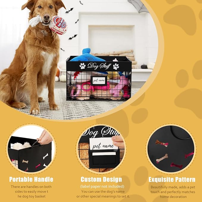 Bfttlity Dog Toy Bin Metal Basket Box for Storage Dogs Toys, Black | Dog Toy Basket with Handles for Living Room Storage Dogs Chew Pets Toys, Blankets, Clothes, Food - Image 5