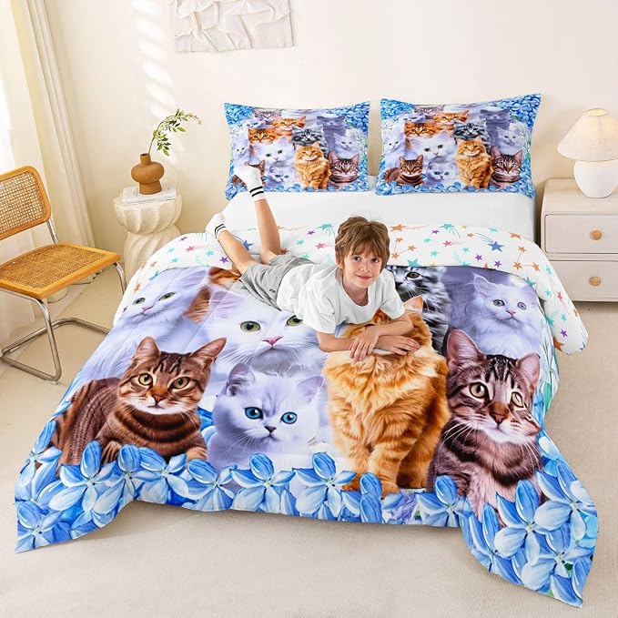 Kids Cute Cat Queen Comforter Set Cartoon Kawaii Animals Toddler Bedding Set for Children Boys Girls Comforter Set Cat Lovers Animal Themed Design Soft Quilt 3Pcs(1pc comforter ,2pc Pillowcase) - Image 2