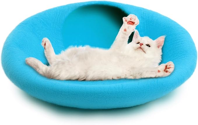 Woolygon Premium Felt Cat Cave Bed – Wool Kitty Beds Handcrafted Kitten Caves Bed for Indoor Cats - Made from Merino Wool, Foldable Cat Hideaway Covered Cat House Pod (Blue Plain) - Image 3