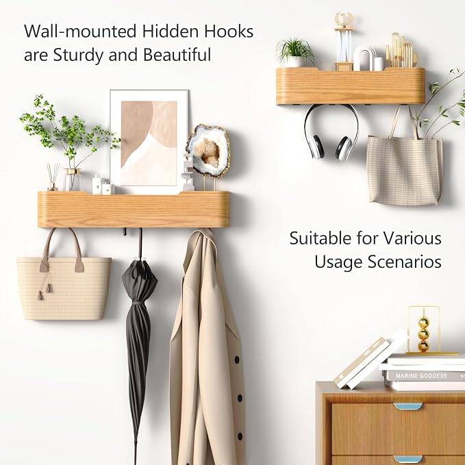 Coat Rack Wall Mount with Hidden Hooks Modern Key Holder Wood Entryway Hook with Shelf for Bedroom Kitchen Hallway Bathroom Designed for Hanging Coats Hats Bags Towels Dog Leashe(Oak,5 Hooks) - Image 7