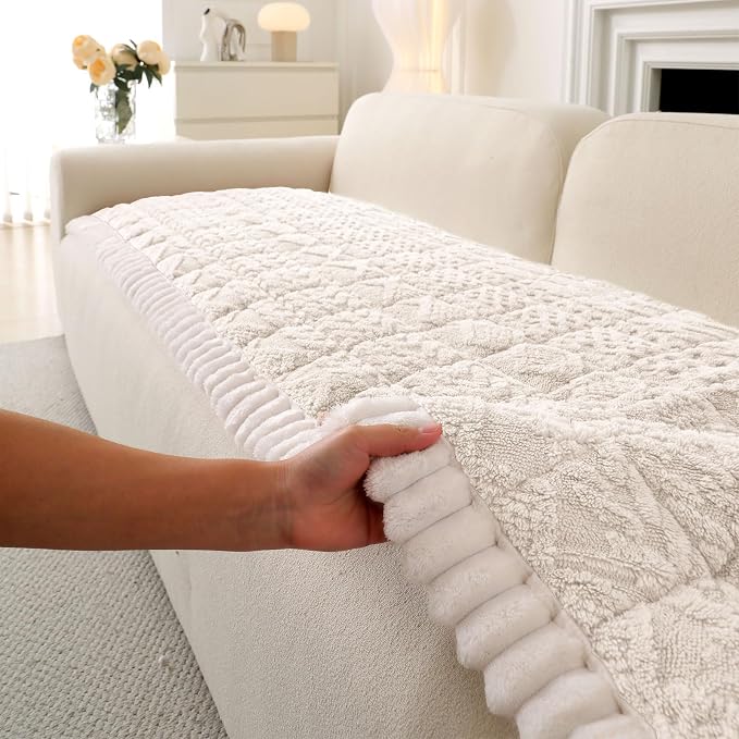 OTOB Couch Cover for Dogs Washable Pet Friendly, Non Slip Plush Fuzzy Love Seat Couch Covers Sofa Slipcovers, Geometric Jacquard Soft Pet Cushion Mat Protector All Seasons (Off White, 27.6" x 59.1") - Image 9