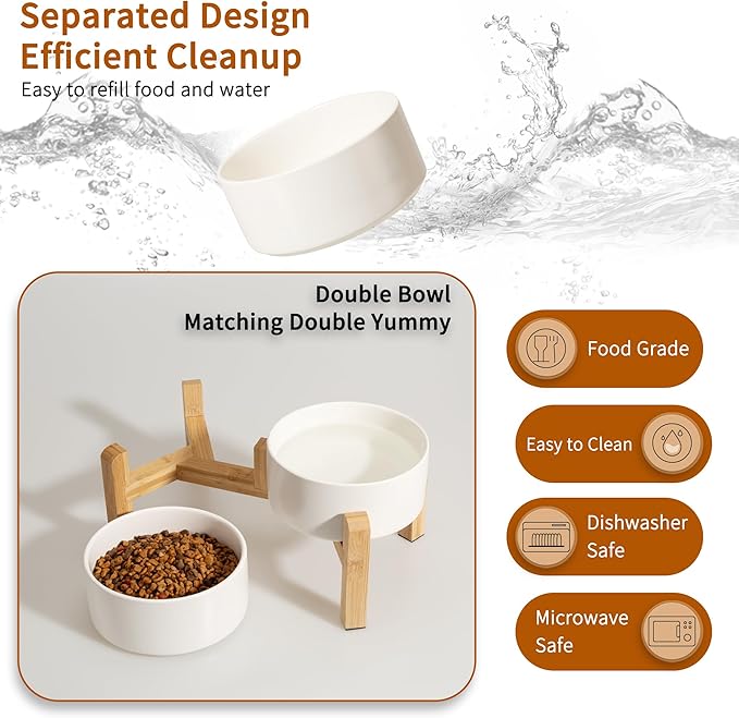 Elevated Ceramic Dog Bowl, 3.6 Cups Dog Food and Water Bowl Set with Stand | 6.1'' Double Dog Feeding Dishes, Non-Slip Raised Dog Feeder for Small and Medium Breeds, 28.74 OZ / 850 ML, White - Image 5