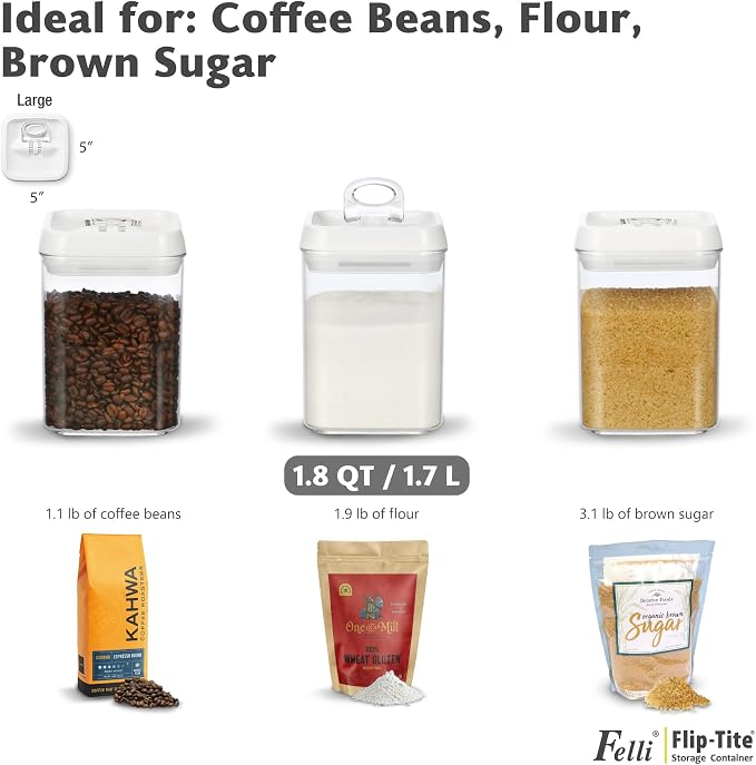 Felli Flip Tite Storage Container with Built-In Spoon & Airtight Lid 5” Large-M Ring Flip Top, Stackable Acrylic Canister for Sugar Flour Powder, Kitchen Pantry Organizer (1.8qt), 2 spoons - Image 8
