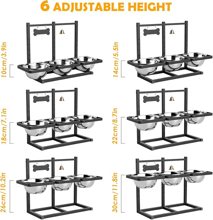 Extra Large Elevated Dog Bowl Stand for Multiple Dogs – 6 Height Adjustable Raised Stand with 3×101oz Stainless Steel Bowls & Non-Slip Mat for XLarge Breeds - Image 4