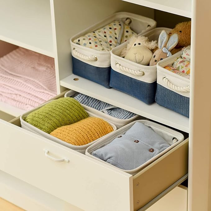 TheWarmHome Storage Bins for Shelves - 12x8x5.2 inch 1 Pack Baskets for Gifts Empty, Fabric Storage Cubes for Closet Organizing Dog Gift Cloth Toy (White & Jean Blue) - Image 6