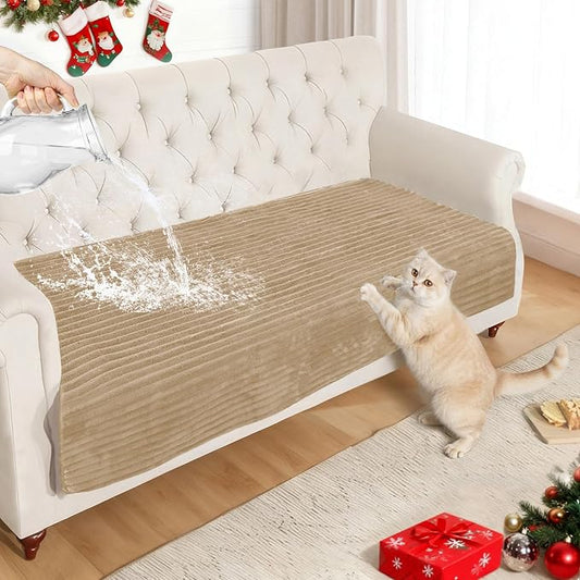 NAISI Couch Covers for Dogs Waterproof Flannel Striped Sofa Cover Pet Friendly Washable Dog Mat for Couch Anti Slip Sectional Sofa Slipcover Protector(1pc/35"x 82",Camel) by NAISI