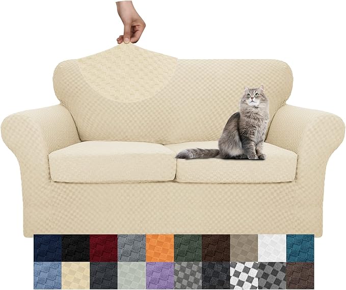 YEMYHOM Latest Checkered 3 Pieces Couch Covers for 2 Cushion Couch High Stretch Thickened Love Seat Sofa Cover for Dogs Pets Anti Slip Elastic Loveseat Slipcover Protector (Beige), 55"-69"(2 CUSHIONS) by YEMYHOM