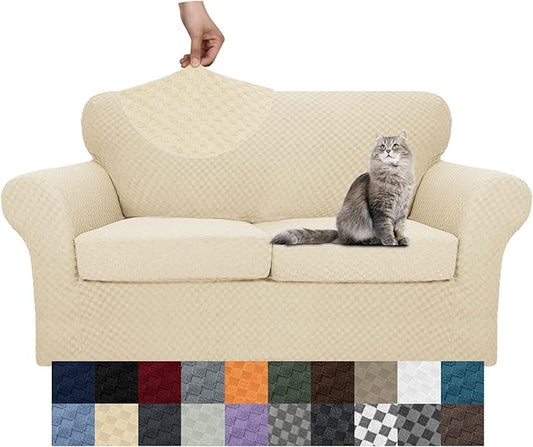 YEMYHOM Latest Checkered 3 Pieces Couch Covers for 2 Cushion Couch High Stretch Thickened Love Seat Sofa Cover for Dogs Pets Anti Slip Elastic Loveseat Slipcover Protector (Beige), 55"-69"(2 CUSHIONS) by YEMYHOM