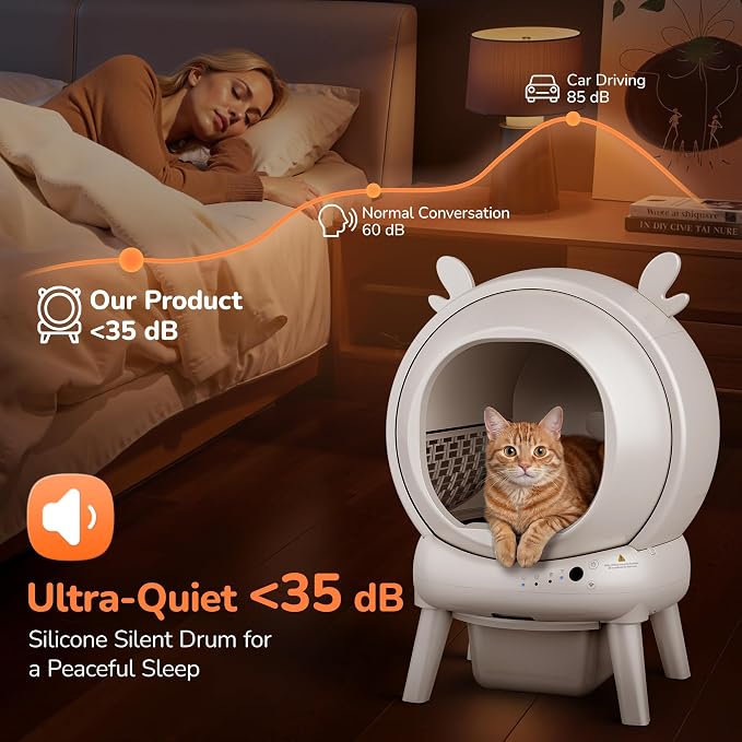 Automatic Self Cleaning Litter Box, Cat Litter Box with APP Control, 65L Globe & Dual Safety Sensors, Robot Litter Box, 1 Roll Garbage Bags and Litter Mat, <35DB, for Multiple Cats, White - Image 7
