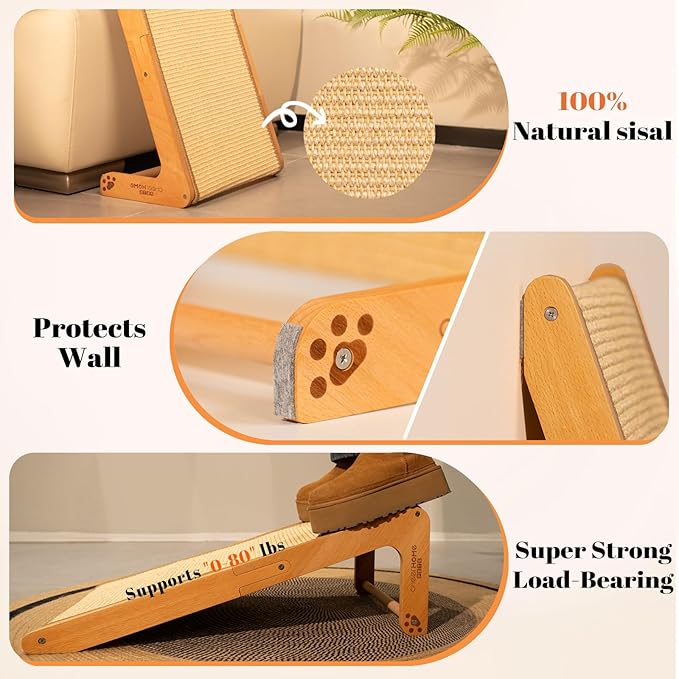 CHEERHOME PETS Sisal Cat Scratcher Ramp for Indoor Cats, 24.8" L Shape Cat Scratching Post Climbing Vertical Cat Scratch Pad, Solid Wooden Cat Furniture(Standard) - Image 3