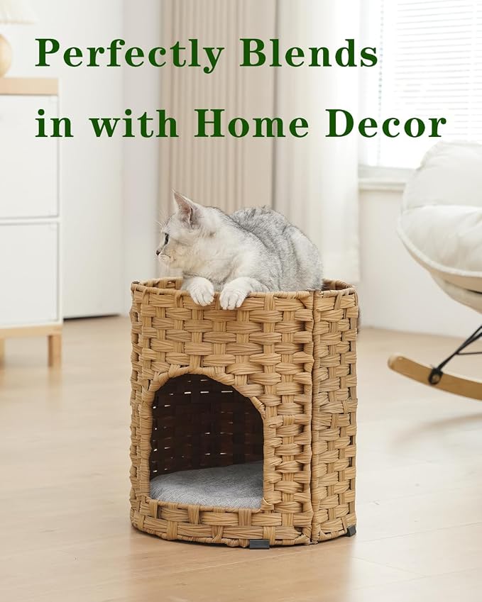 SETVSON Cat House for Indoor Cat, Small Handwoven PE Rattan Kitten Cave | Two-Tier Cozy Pet Nest with One Double-Sided Pad, Waterproof Handwoven PE Rattan Basket, Easy to Clean, 13x13x13.7 In - Image 7