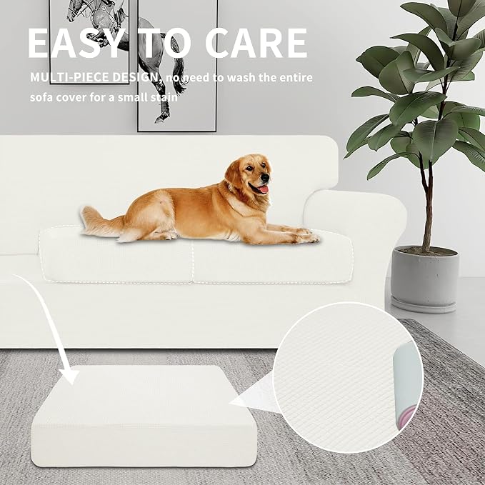 Easy-Going 4 Pieces Stretch Couch Cover Sofa Cover for Dogs Washable Sofa Slipcover for 3 Separate Cushion Couch Spandex Jacquard Fabric Elastic Furniture Protector for Pets, Kids (Ivory, Sofa) - Image 3