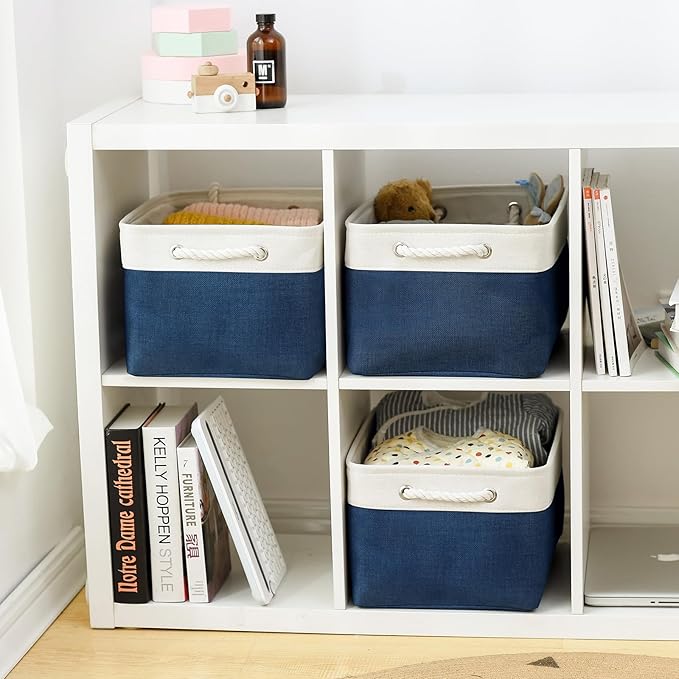 TheWarmHome Collapsible Storage Bin for Shelves - Large 3 Pack 16x12x8 inch Storage Basket for Organizing with Handles, Canves Storage Box for Organizer Toy Closet Cloth Gift (White & Jean Blue) - Image 2