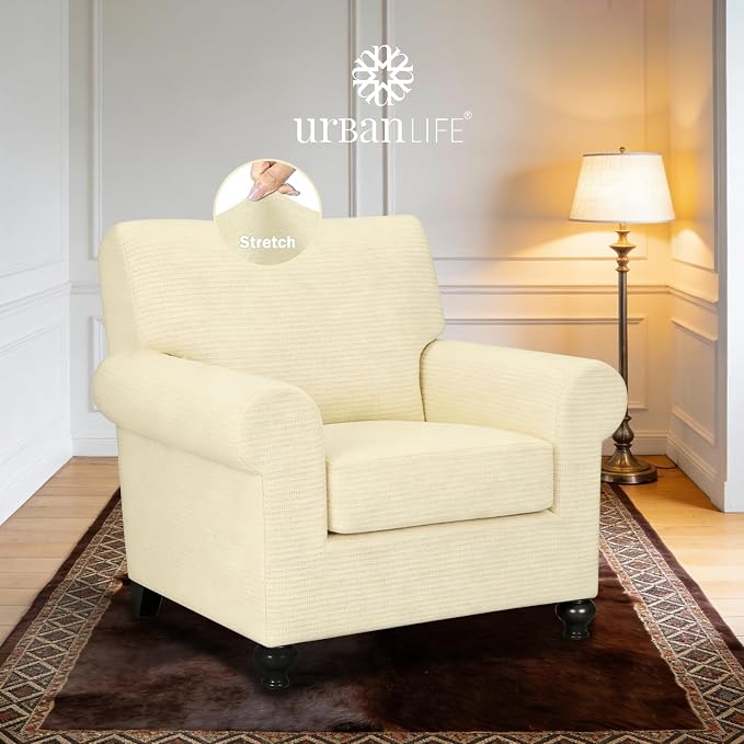 URBANLIFE 2-Piece Stretch Sofa Covers for 1 Cushion Couch, Cream | Super fitted spandex slipcovers for couches. Non-slip elastic bottom. Machine washable furniture protector for kids & pets. - Image 2