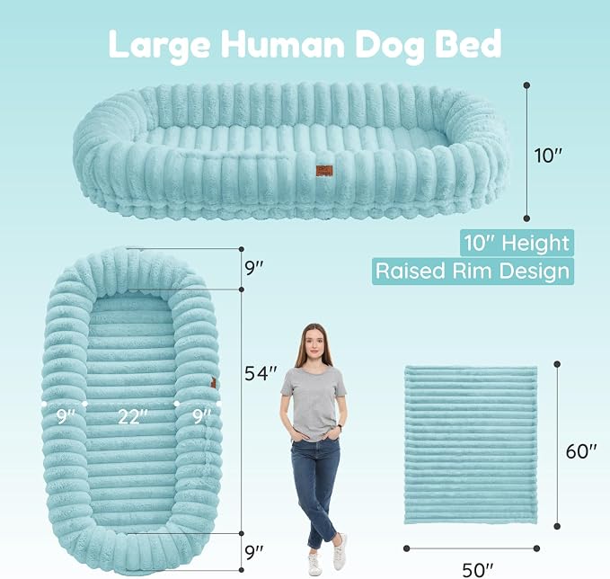 ChiXnuggle Orthopedic Human Dog Bed,Striped Faux Fur Washable Cover,Blanket | blue,72*40*10,giant dog bed for adult or extra large dogs,egg crate foam,non-slip bottom - Image 3
