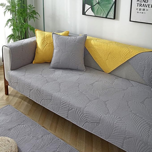 Solid Color Leaf Cotton Quilted Sofa Covers Anti-Slip Soft Sectional Couch Cover Washable Sofa Slipcover for Dogs Cats Pet (Light Grey,36''x82'') by Huierxun