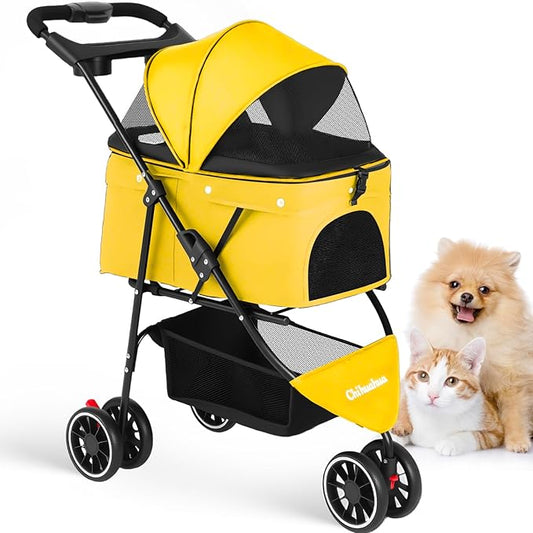 Pet Stroller,Dog Stroller for Small Medium Dogs Cats,3 Wheels,Foldable,with Breathable Mesh Canopy,Cup Holders,Easy Assembly,Yellow