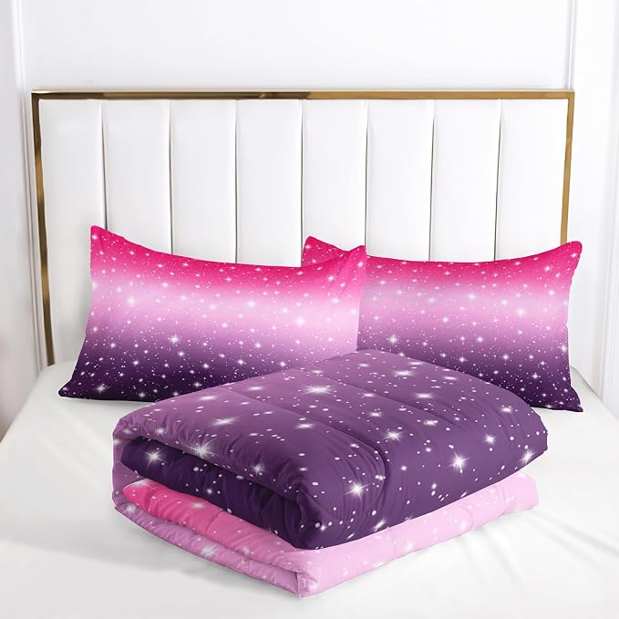 Nttopship Pink Purple Glitter Comforter Set Full Size 3 Pieces Bed in A Bag for Teen Girls,Pink Violet Gradient Bedding Set,Rainbow Colorful Tie Dye Bedroom with 1 Comforter and 2 Pillowcases - Image 4