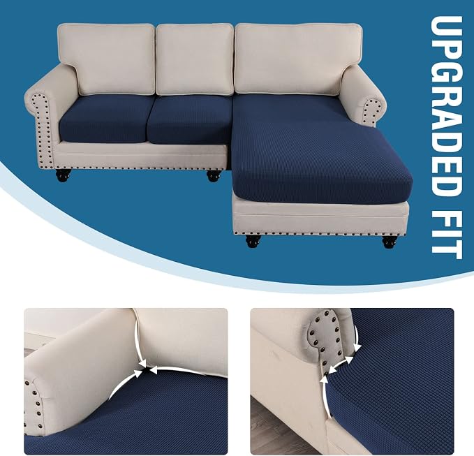 H.VERSAILTEX Sectional Couch Covers 3 Pieces Sofa Seat Cushion Covers L Shape Separate Cushion Couch Chaise Cover for Both Left/Right Sectional Couch (Seat Only: 1 Chaise + 2 Sofa, Navy) - Image 7