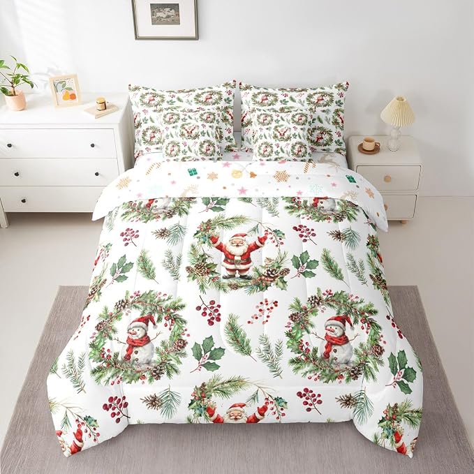 Erosebridal Cartoon Santa Claus Queen Comforter Set with Sheets 7 Piece Cute Xmas Snowman Bed in A Bag Winter Red Berry Pine Branches Leaf Bedding Sets for Men Adults New Year Holiday Wreath Bed Set - Image 3