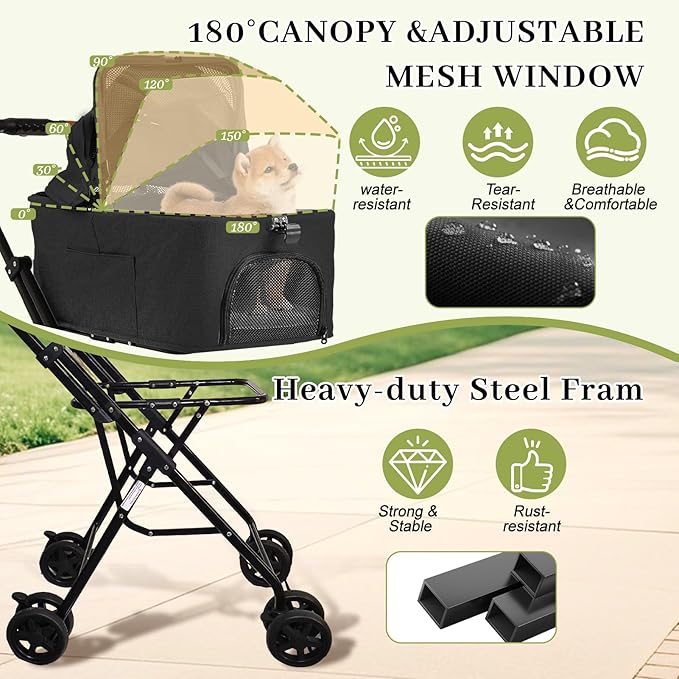 Pet Stroller for Dogs and Cats, 4 in 1 Cat Strollers for 2 Cats, Foldable Dog Stroller for Medium Dogs 20 lbs with Cup Holder and Storage Bag, Suitable for All-Terrain, Dog Gifts