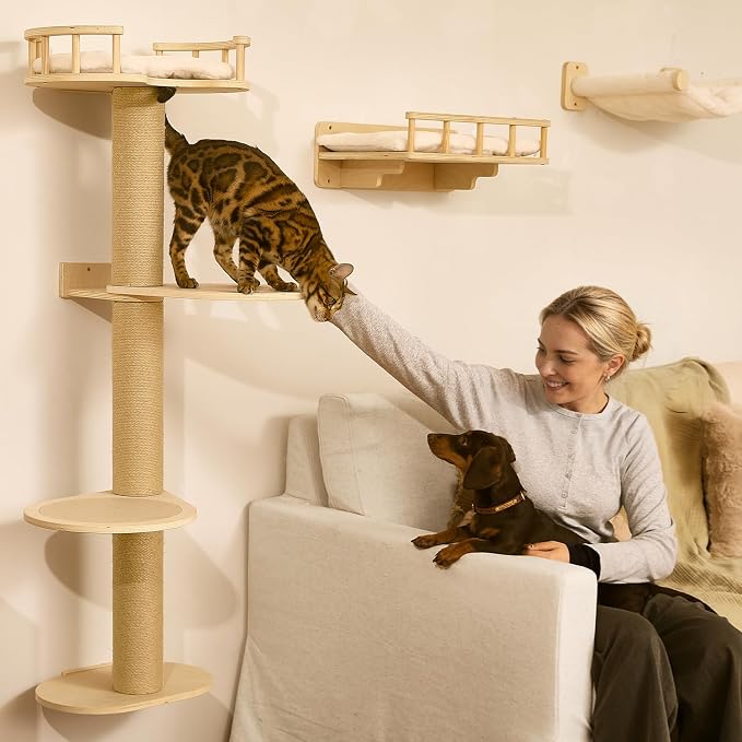 FUKUMARU Cat Wall Shelves, 4 in 1 Set, Beige | Stable Wooden Wall-Mounted Furniture Set, Climbing Tree with Hammock, Bed, Perch and Scratching Mat - Image 7