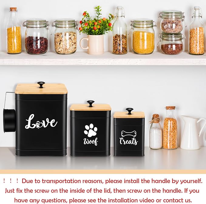 Jingmore Metal Dog Treat Containers Set of 3 with Bamboo Lids and Spoon Airtight 7+3+2 lbs Dog Food Snack Jars with DIY Labels Big Pet Cookie Storage Jar for Kitchen Counter(Black,Classic) - Image 5