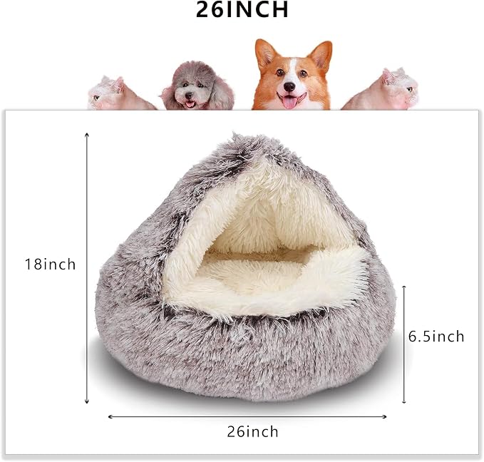 ShinHye Cat Bed Round Plush Fluffy Hooded Cat Bed Cave, Cozy for Indoor Cats or Small Dog beds, Soothing Pet Beds Doughnut Calm Anti-nxiety Dog Bed - Waterproof Bottom Washable (26×26inch, Coffee) - Image 2