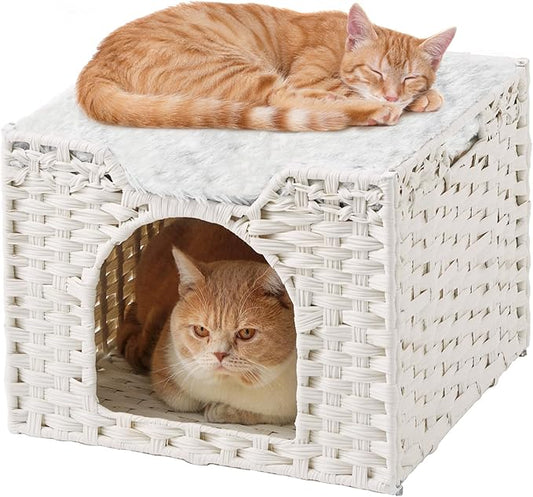 SETVSON Cat Beds Indoor Kitten House, Handwoven Rattan Cave, White | 2-in-1 Kitty Condo with Top Perch & Bottom Cave, Furry Canvas Dual Cushion, 2 S-Hooks, Steel Frame, 16.5x16.5x13.2 In by SETVSON